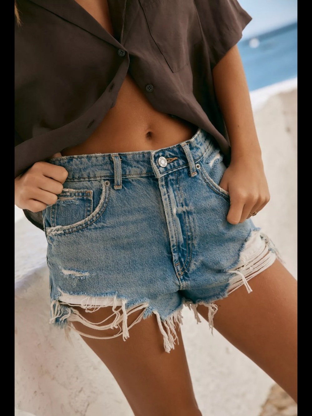 Zara TRRF Curved High-Waisted Blue Denim Jean Shorts Size 10